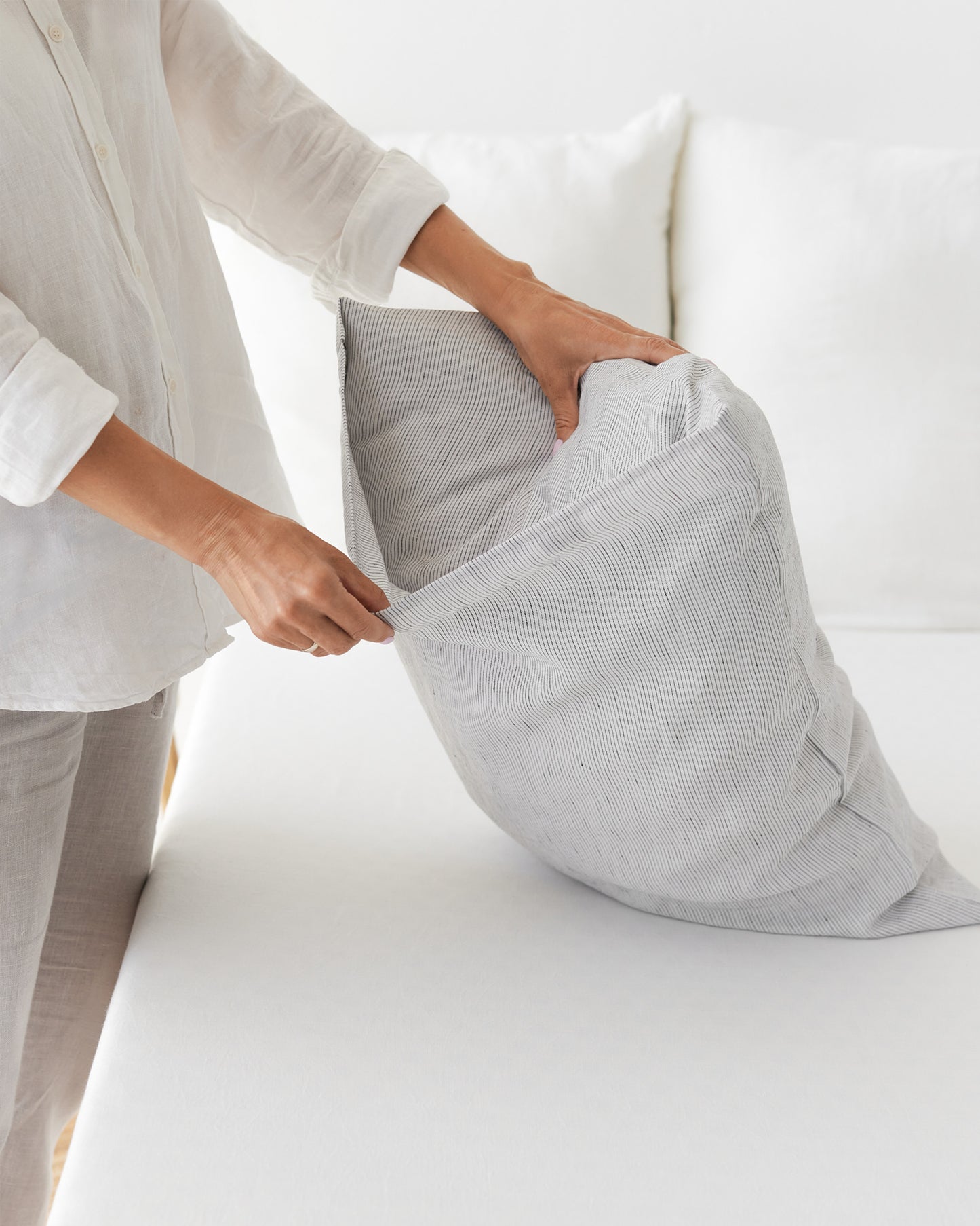 Pinstripe black linen pillowcase