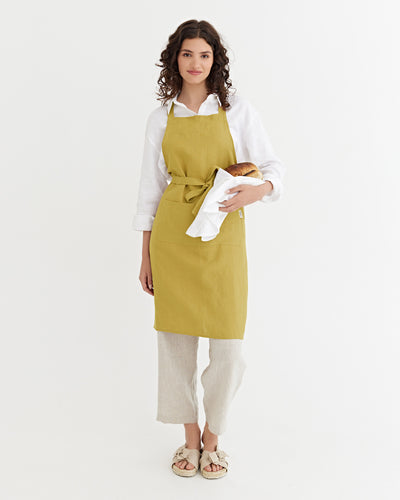 Linen bib apron in Moss yellow