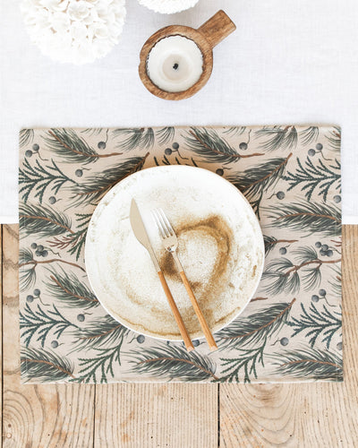 Natural & winter print linen placemat set of 2