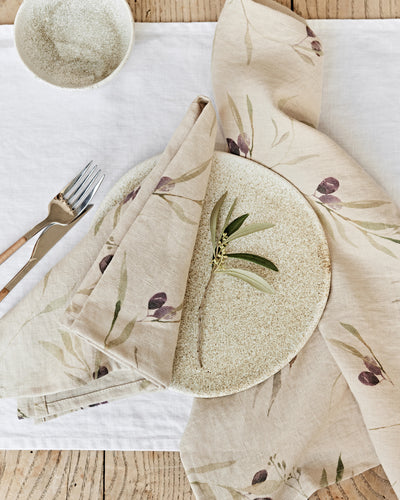 Olive orchard print on natural Linen Napkin Set | MagicLinen