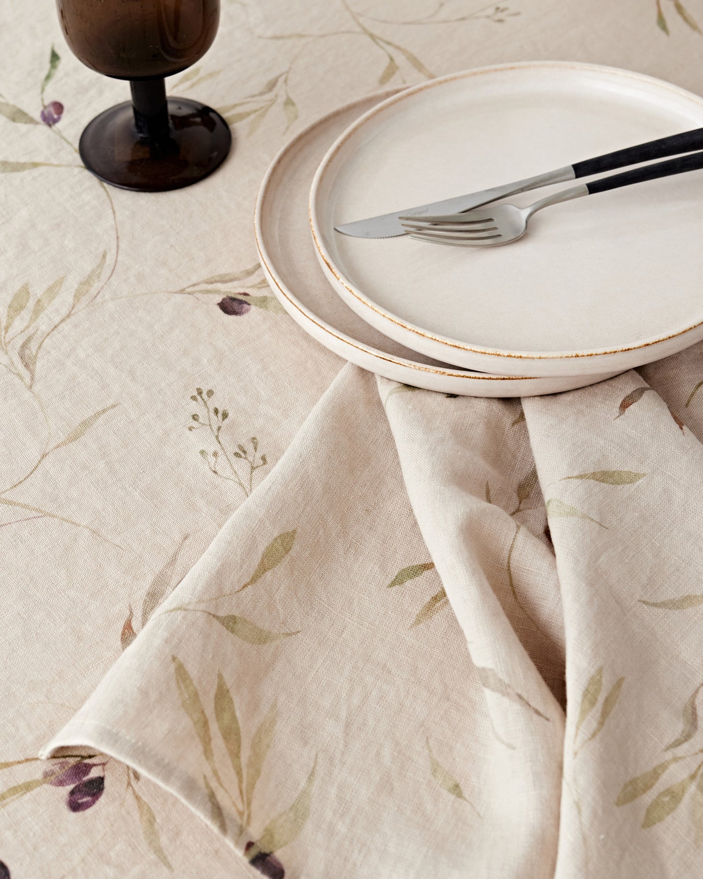 Olive orchard print on natural linen tablecloth | MagicLinen