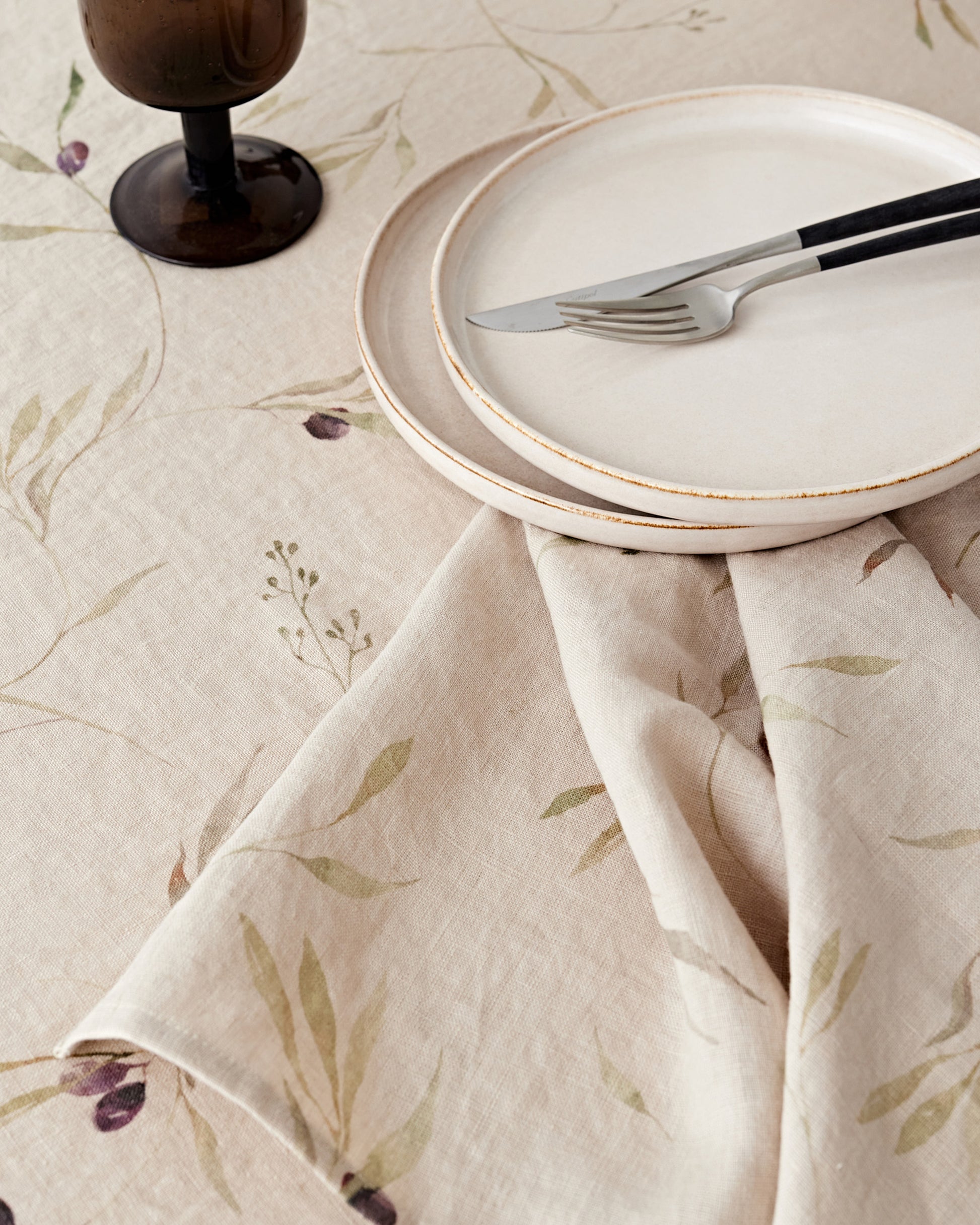 Olive orchard print on natural linen tablecloth | MagicLinen