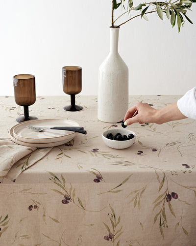 Olive orchard print on natural linen tablecloth | MagicLinen