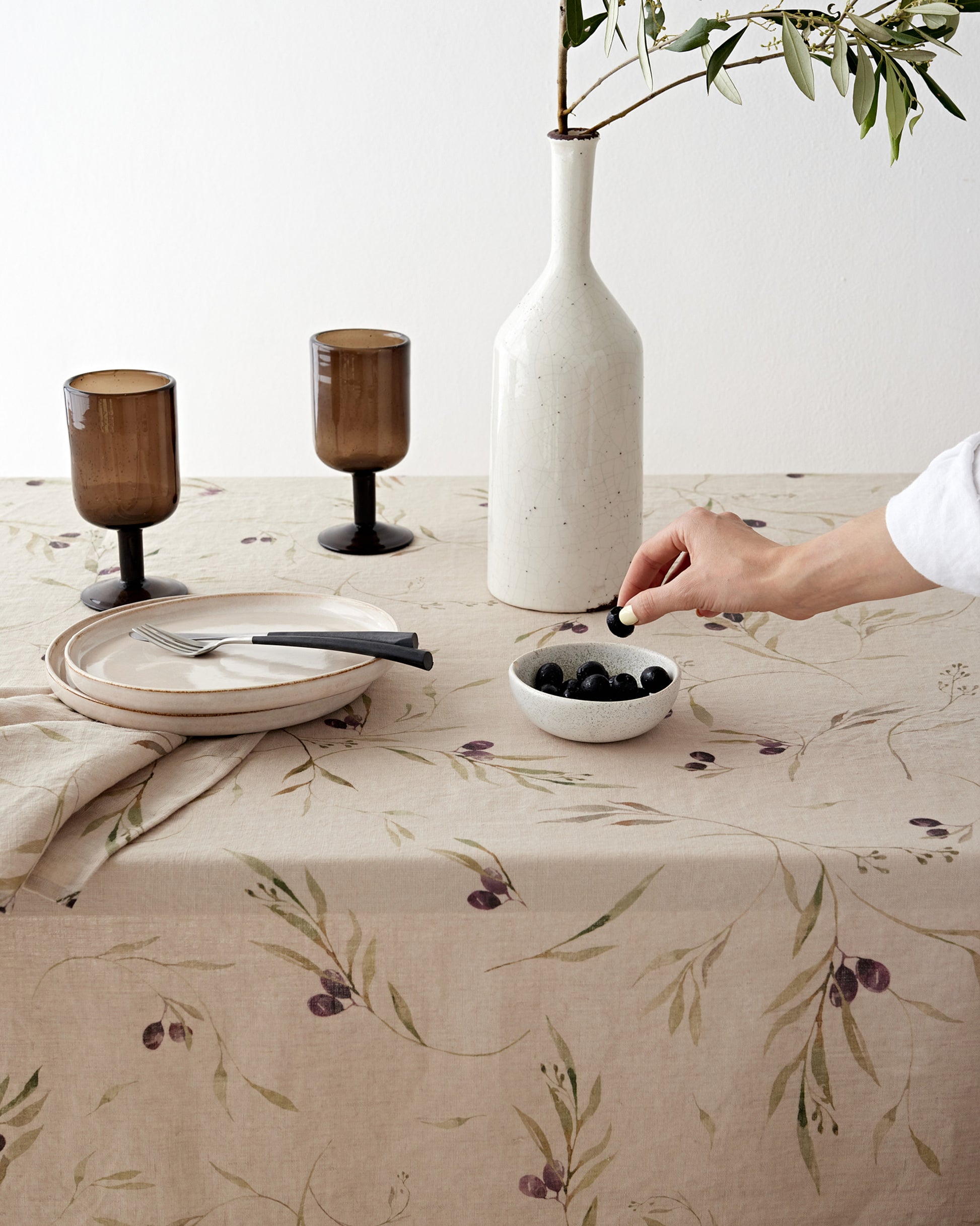 Olive orchard print on natural linen tablecloth | MagicLinen