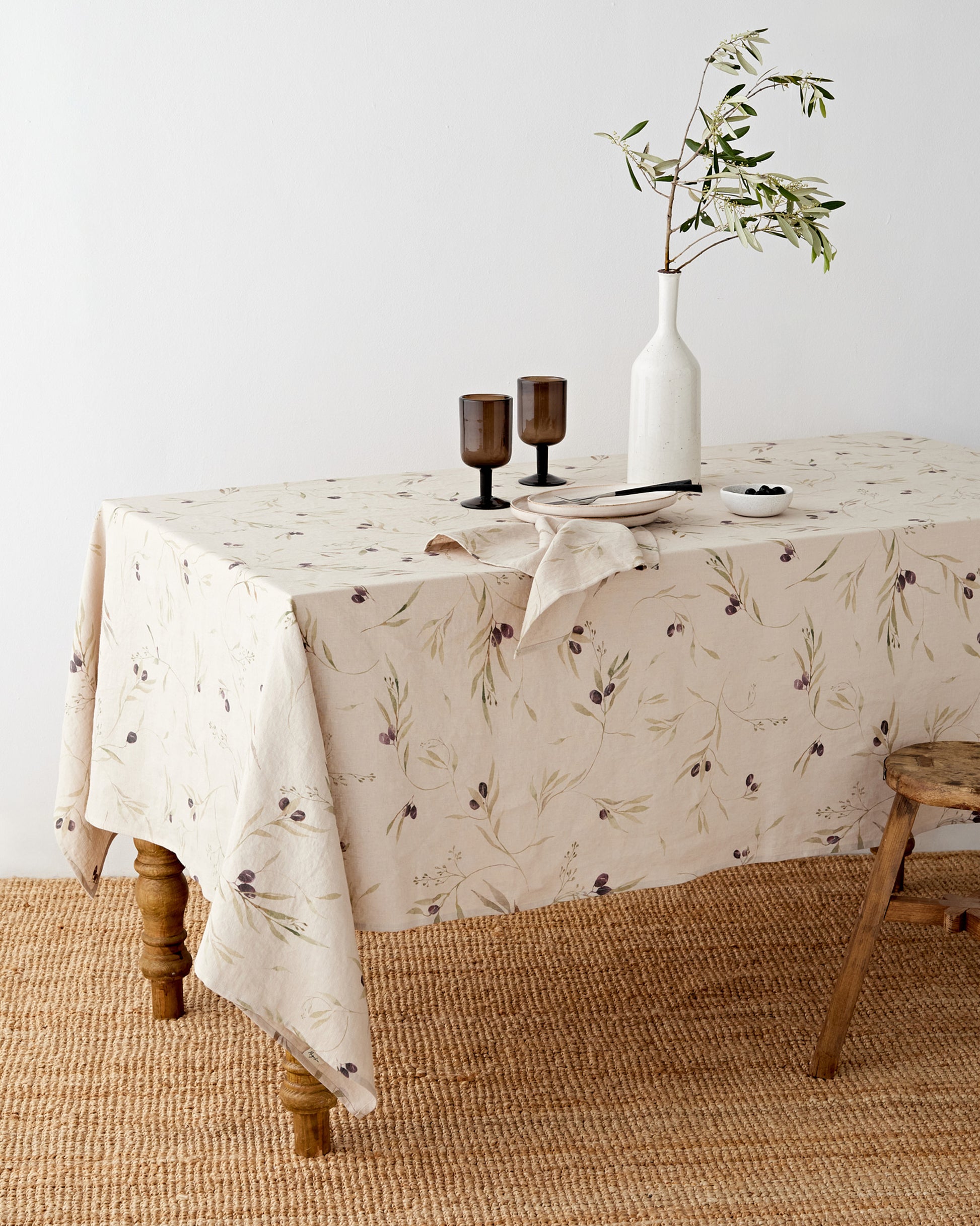 Olive orchard print on natural linen tablecloth | MagicLinen