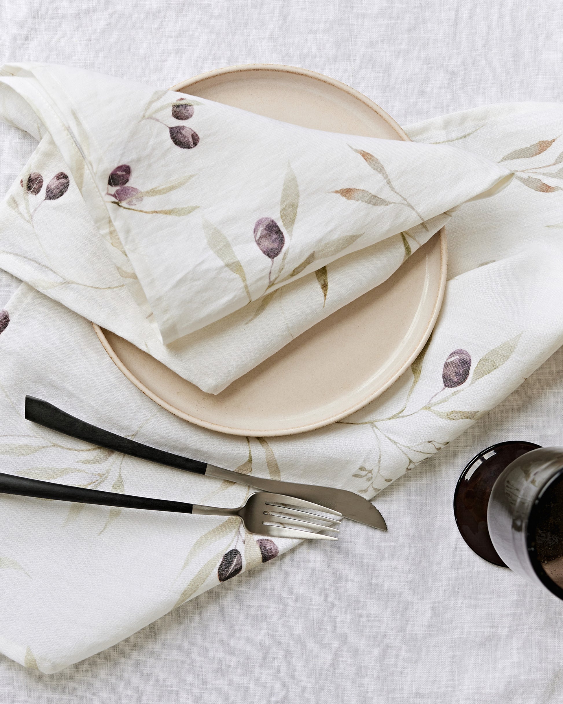 Olive orchard print on white Linen Napkin Set | MagicLinen