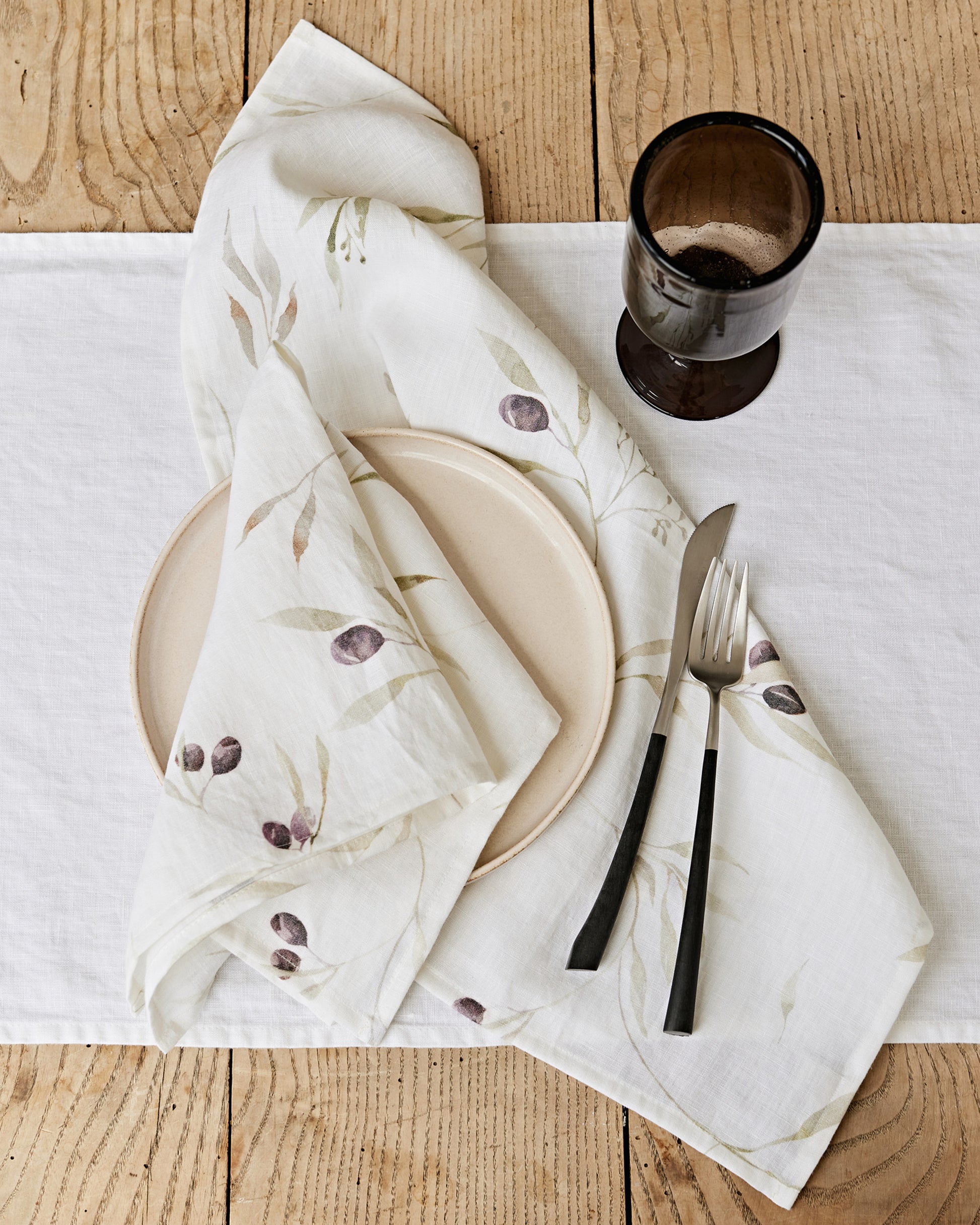 Olive orchard print on white Linen Napkin Set | MagicLinen