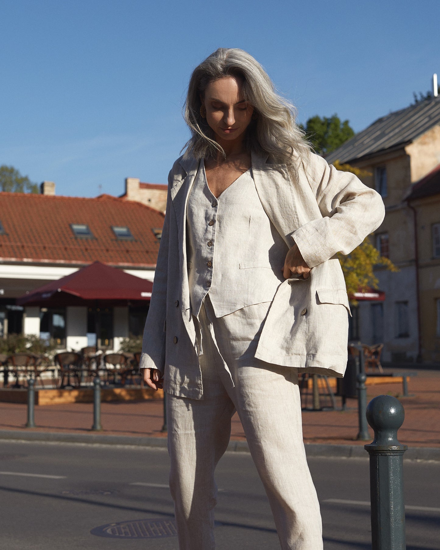 Oversized linen blazer HEBER in Natural melange - MagicLinen