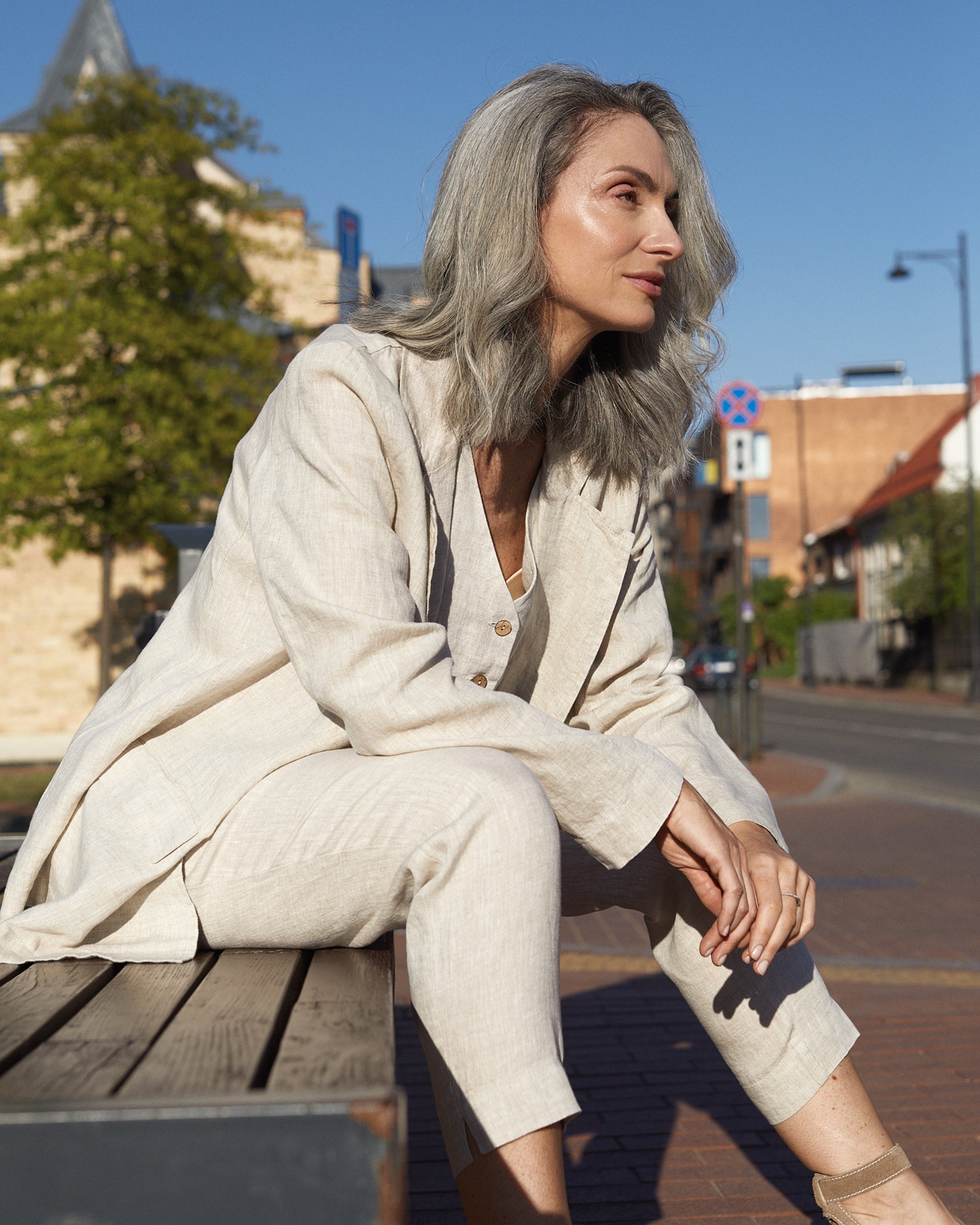 Oversized linen blazer HEBER in Natural melange - MagicLinen