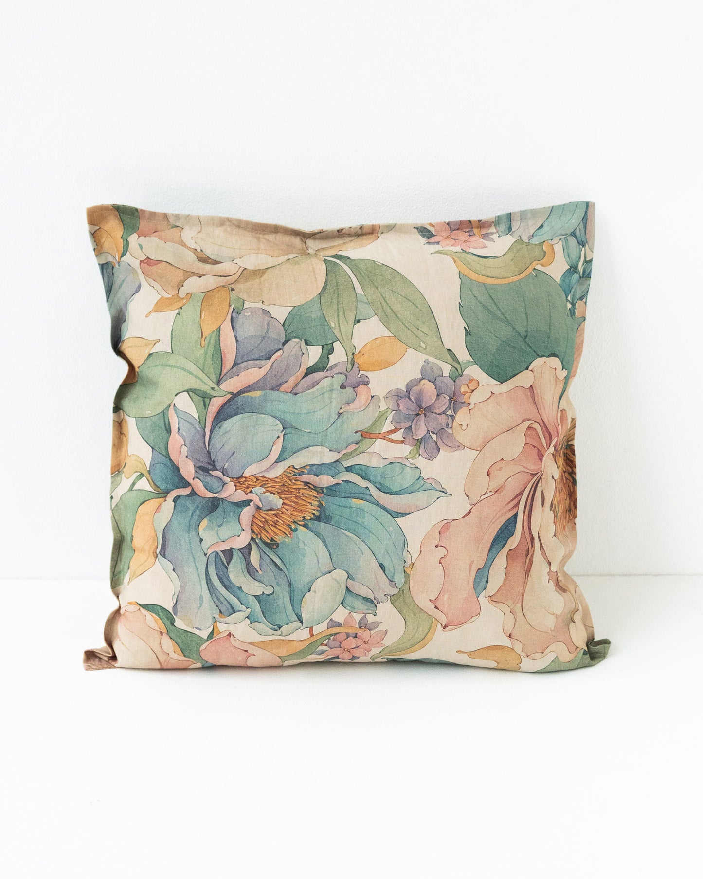 Deco Pillow Cover With Buttons in Vibrant peonies print on natural | MagicLinen