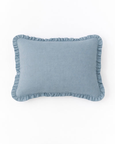 Ruffle trim linen pillowcase in Gray blue