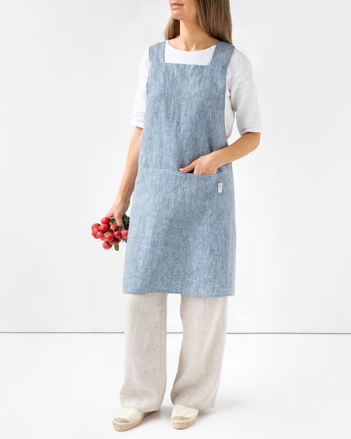 Pinafore cross-back linen apron in Blue melange - MagicLinen