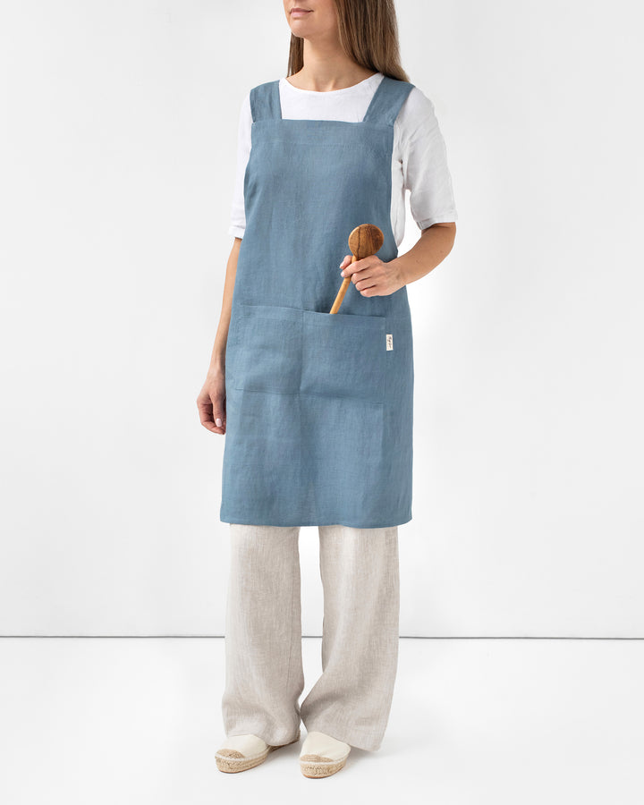 Pinafore cross-back linen apron in Gray blue | MagicLinen