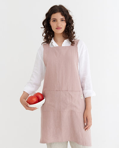 Pinafore cross-back linen apron in Woodrose | MagicLinen