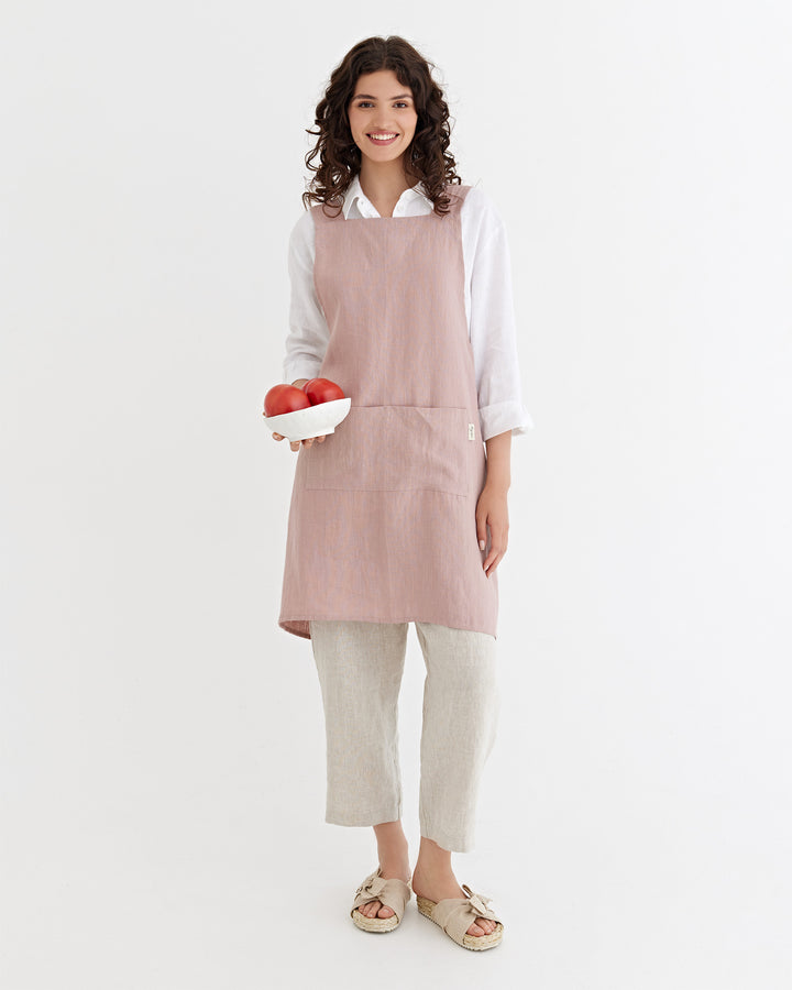 Pinafore cross-back linen apron in Woodrose | MagicLinen