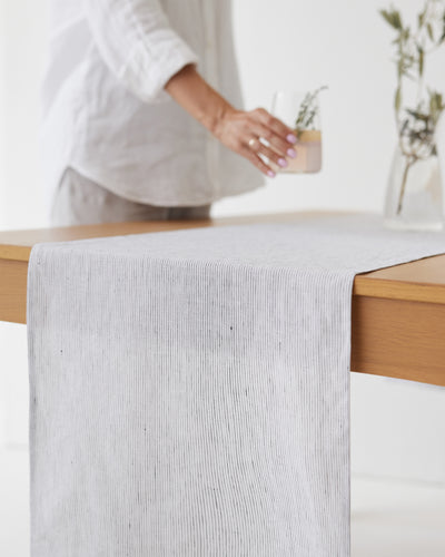 Linen table runner in Pinstripe black