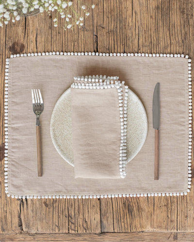 Leinenservietten mit Bommelbesatz, 2er-Set, Naturleinen