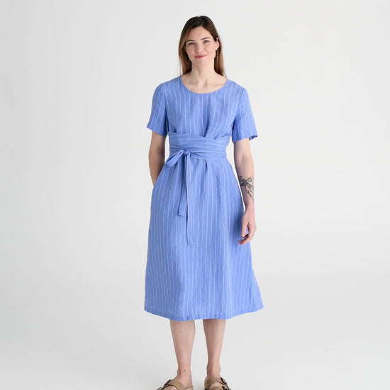 Midi wrap linen dress MANILA in Blue stripes - MagicLinen