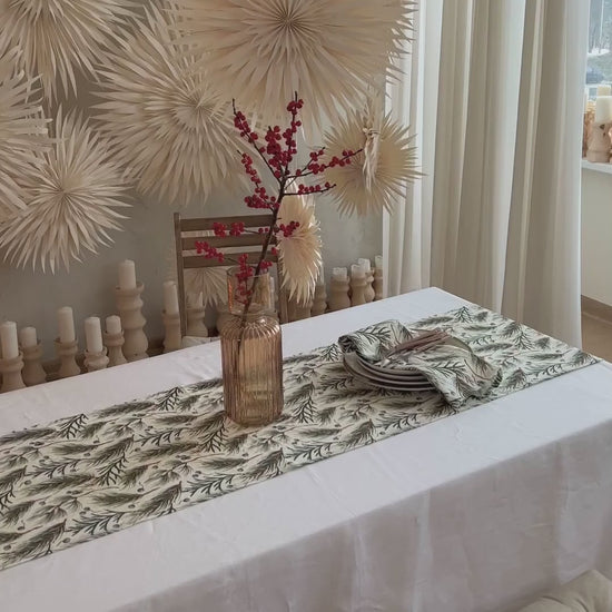 Linen table runner in White & Winter print | MagicLinen