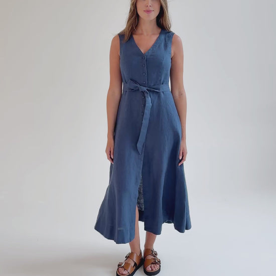 Sleeveless Linen Dress ACADIA in Deep Navy Blue | MagicLinen