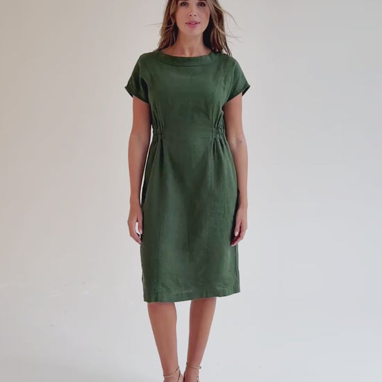 Cap Sleeve Linen Dress SAGUARO in Deep green | MagicLinen
