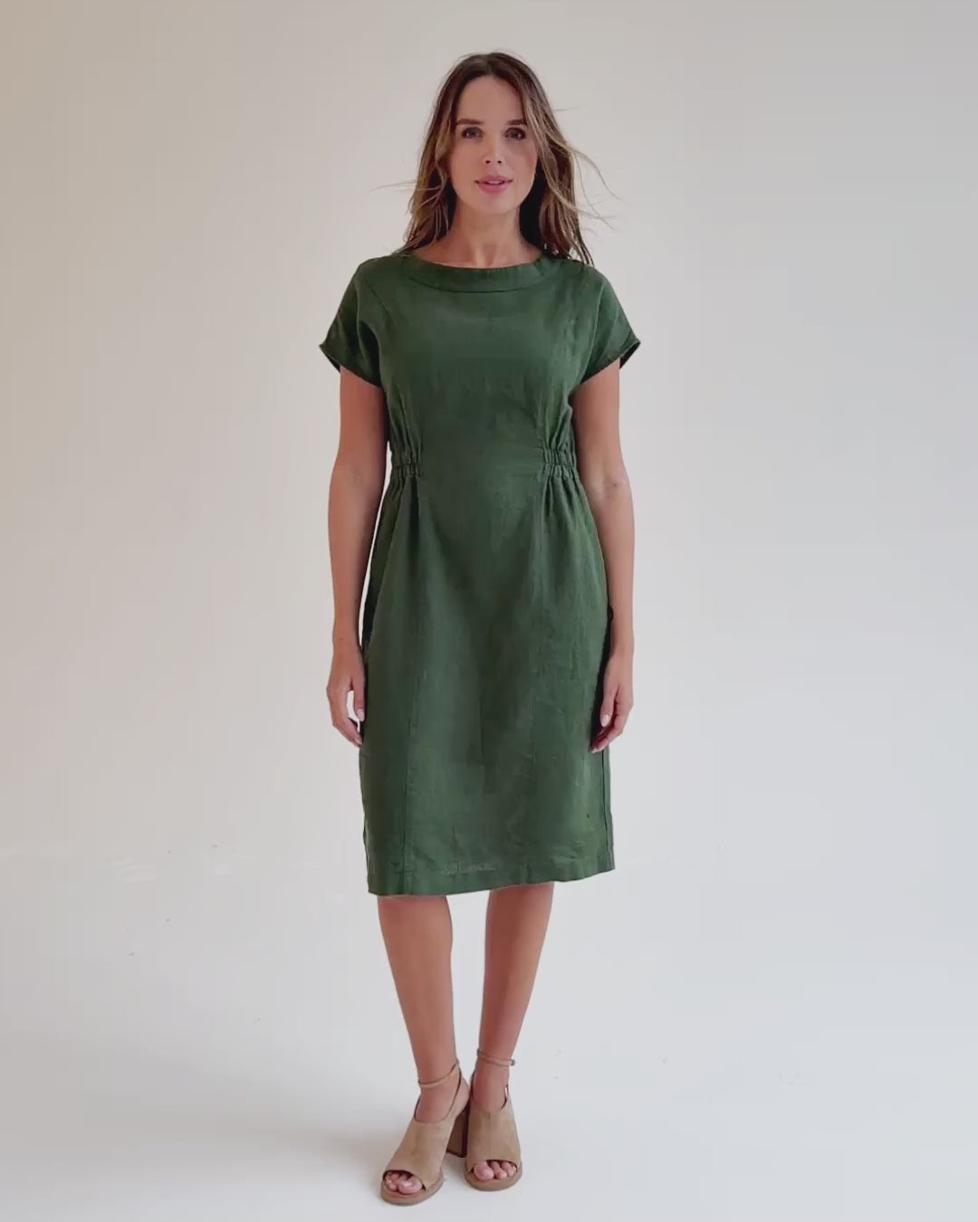 Cap Sleeve Linen Dress SAGUARO in Deep green | MagicLinen