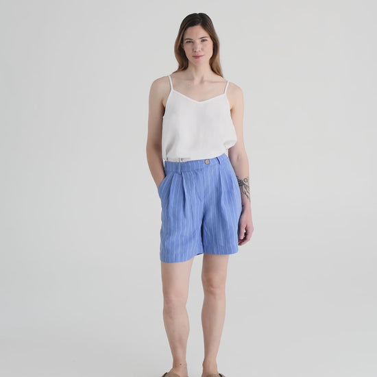 Pleated linen shorts BAGAN in Blue stripes - MagicLinen