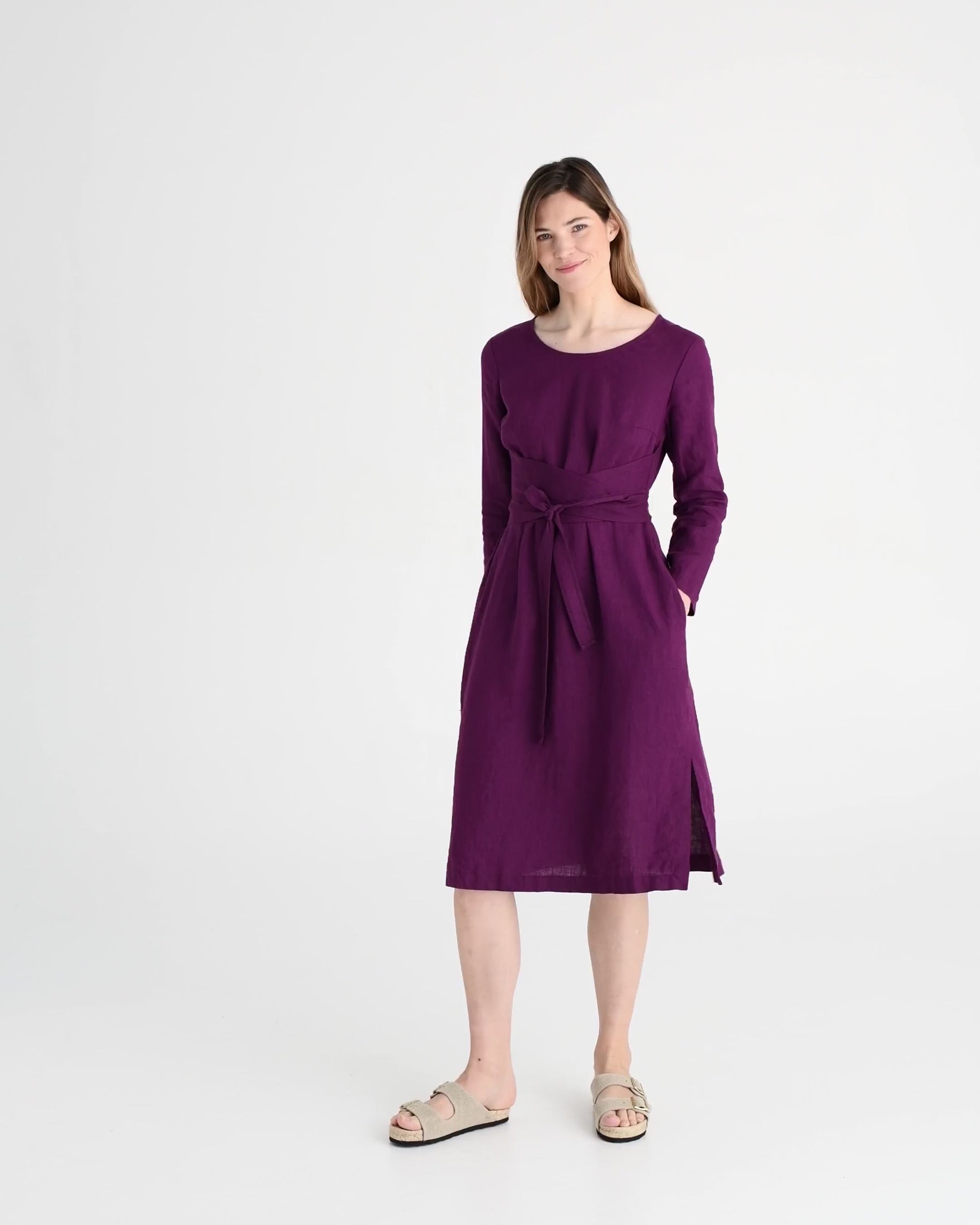 Long sleeve linen wrap dress BIEI in Royal purple - MagicLinen
