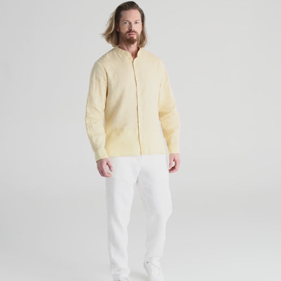 Men's linen band collar shirt BONAIRE in Cream - MagicLinen