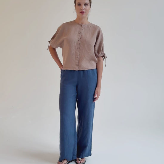 Linen Puff Sleeve Top GAYA in Pastel brown | MagicLinen
