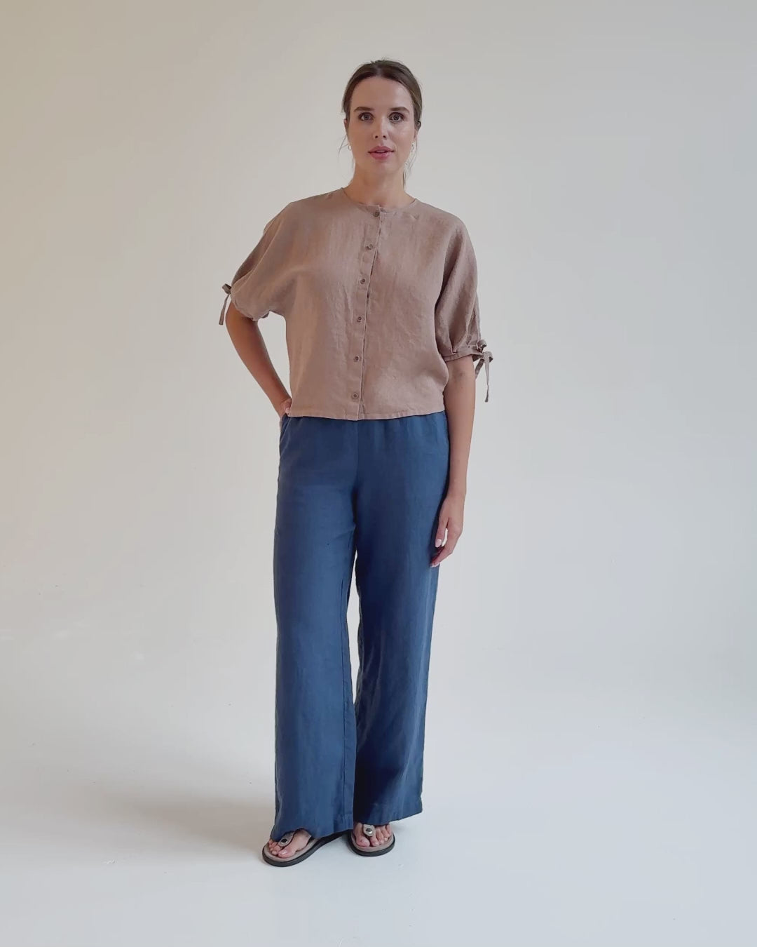 Linen Puff Sleeve Top GAYA in Pastel brown | MagicLinen