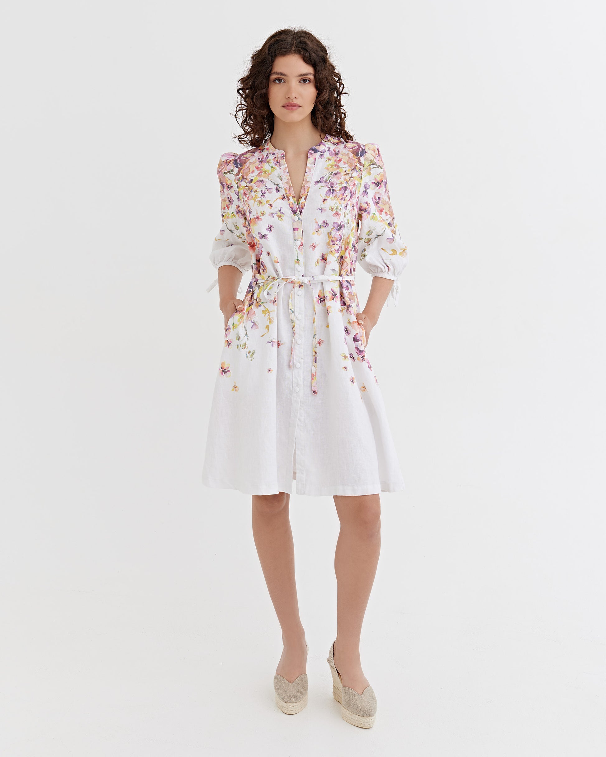 Puff Sleeve Linen Dress VILNIUS in Blushing violet | MagicLinen modelBoxOn