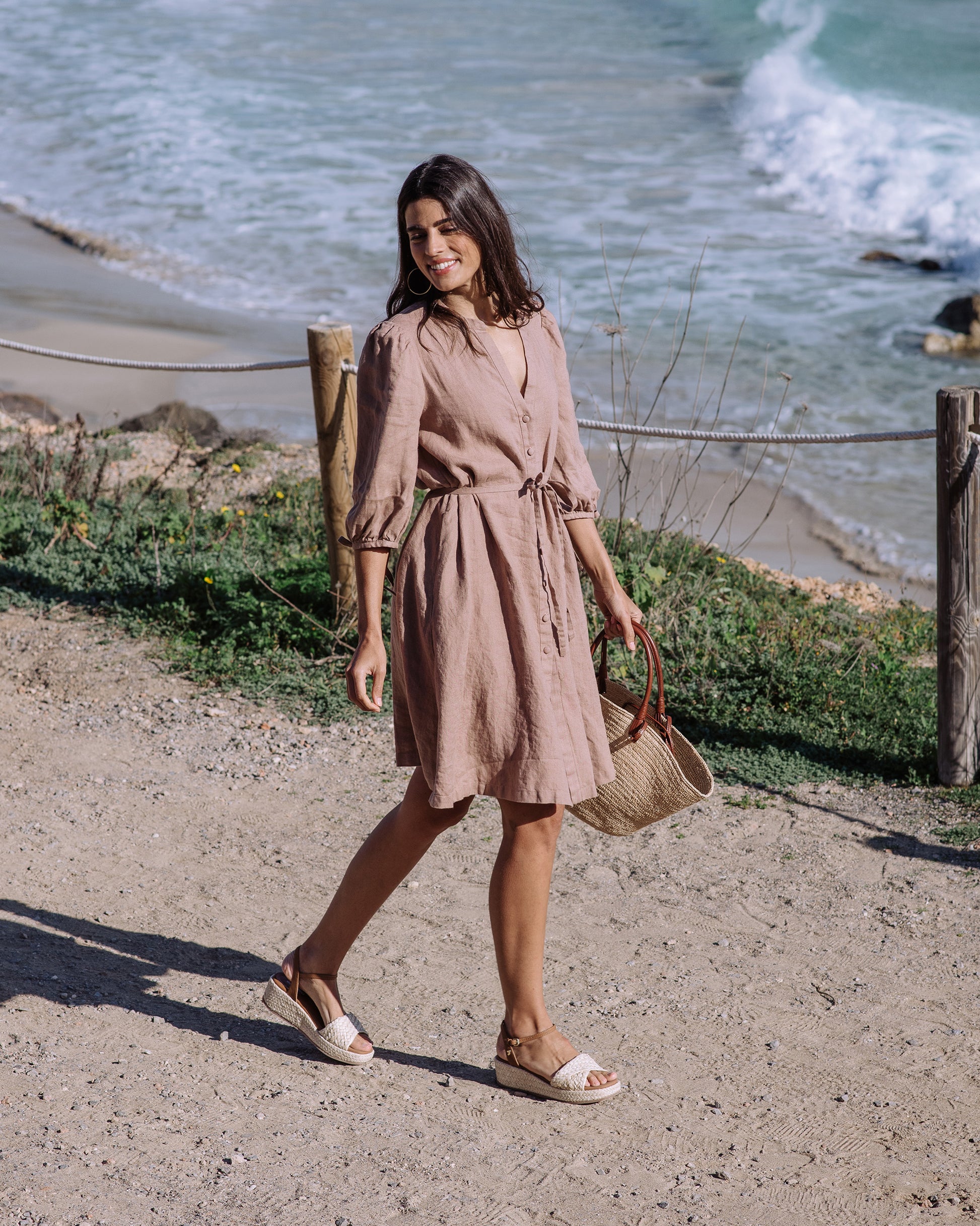 Puff Sleeve Linen Dress VILNIUS in Pastel brown | MagicLinen