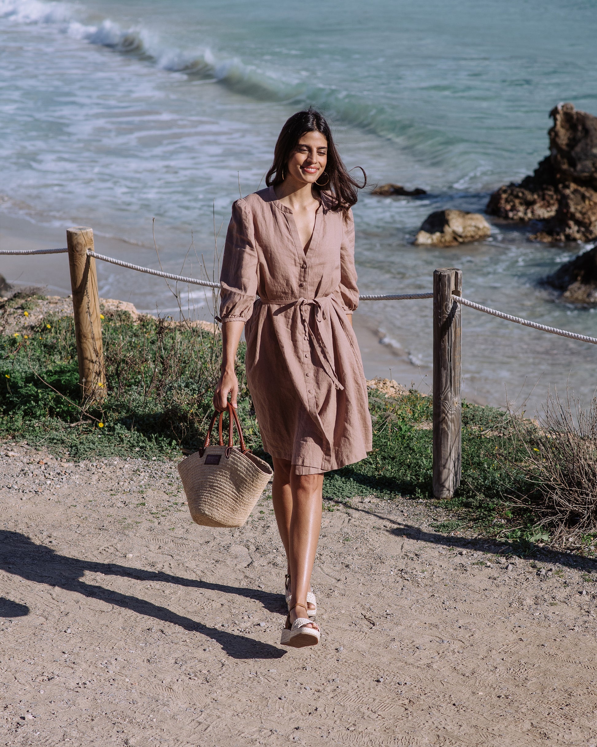 Puff Sleeve Linen Dress VILNIUS in Pastel brown | MagicLinen