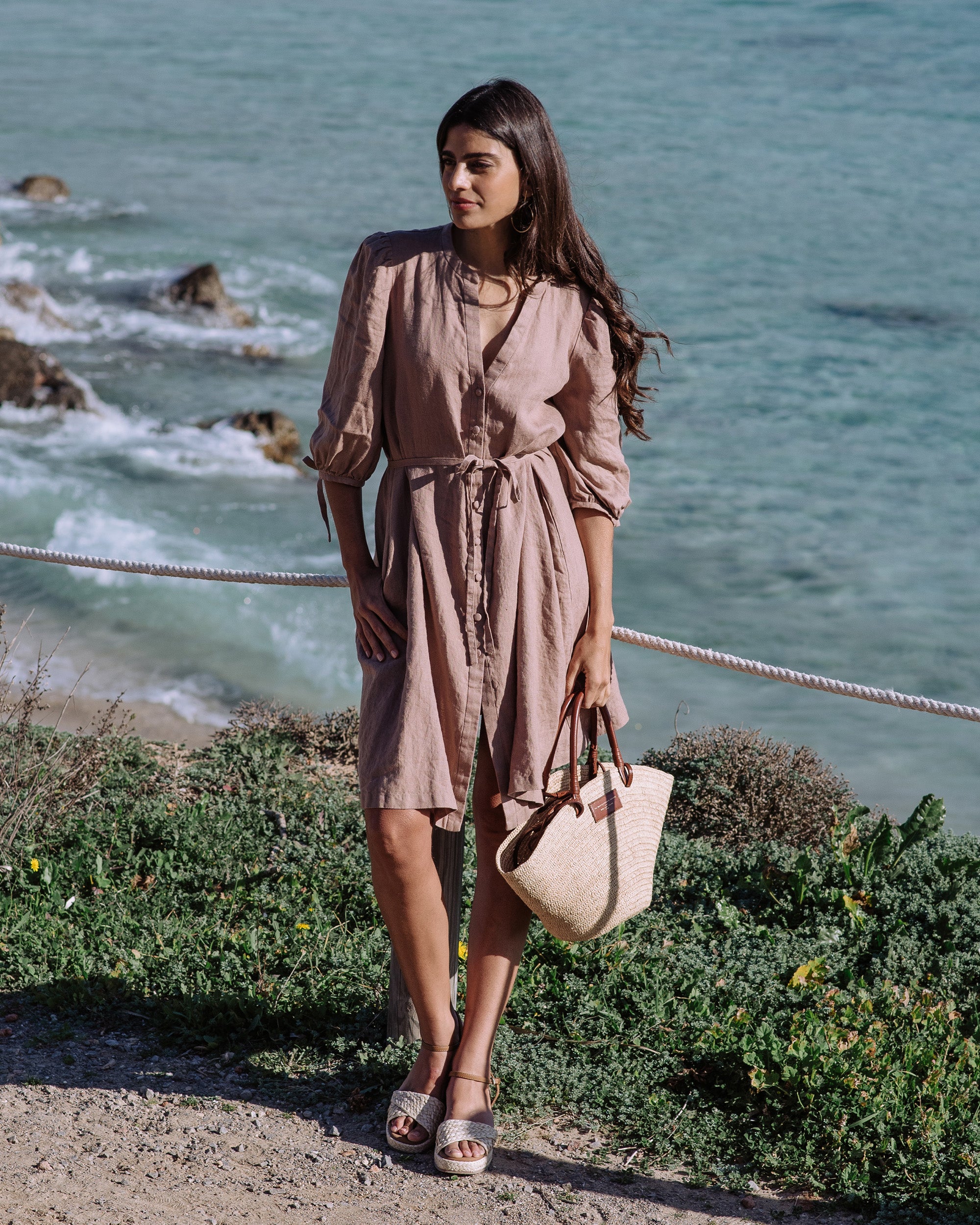 Puff Sleeve Linen Dress VILNIUS in Pastel brown