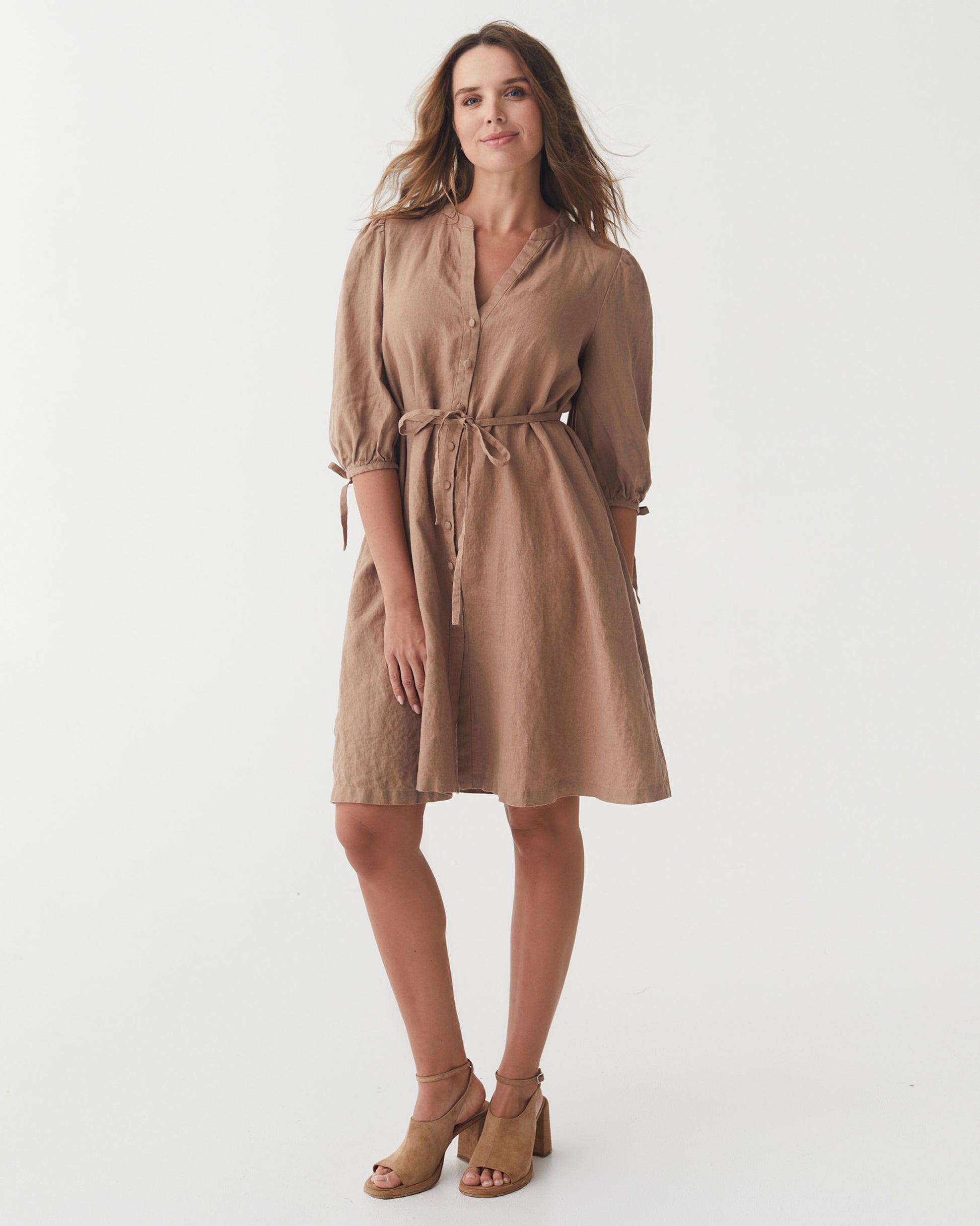 brown linen dress with sleeves Brown Linen Wrap Dress Handmade Vintage Summer Style 5761 Brown / XS