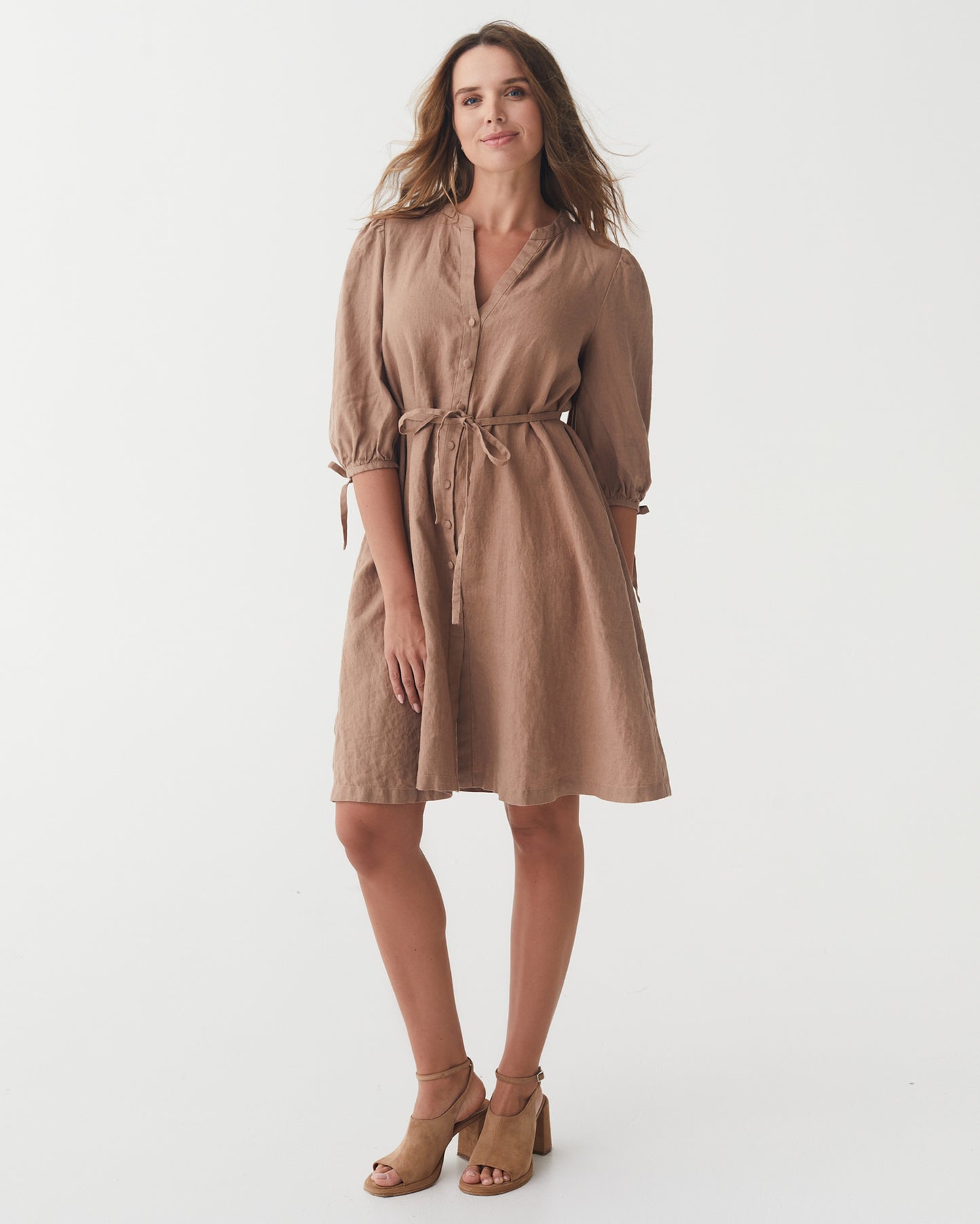 Puff Sleeve Linen Dress VILNIUS in Pastel brown | MagicLinen