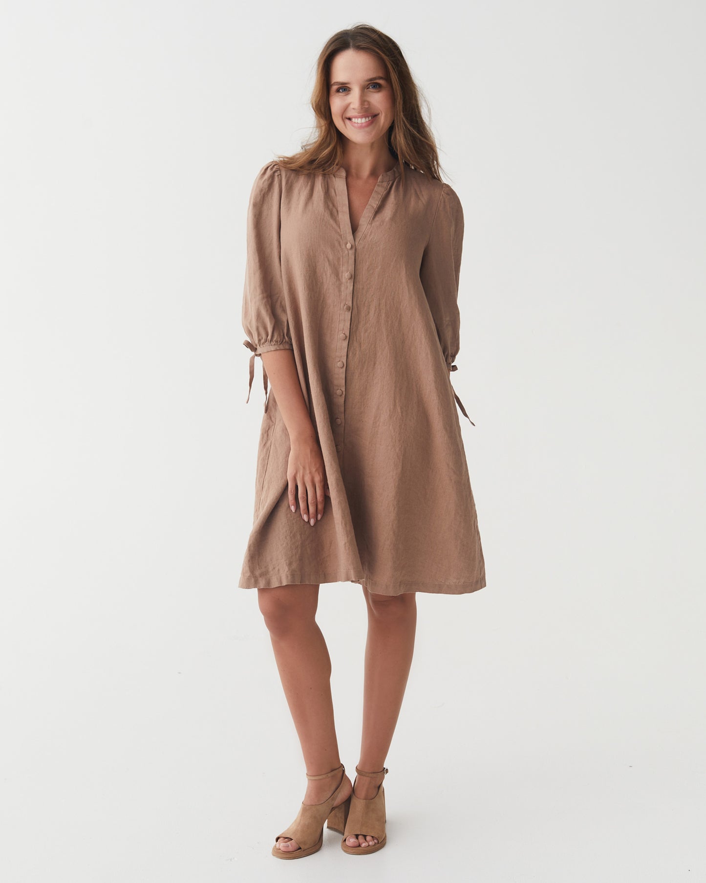 Puff Sleeve Linen Dress VILNIUS in Pastel brown | MagicLinen modelBoxOn