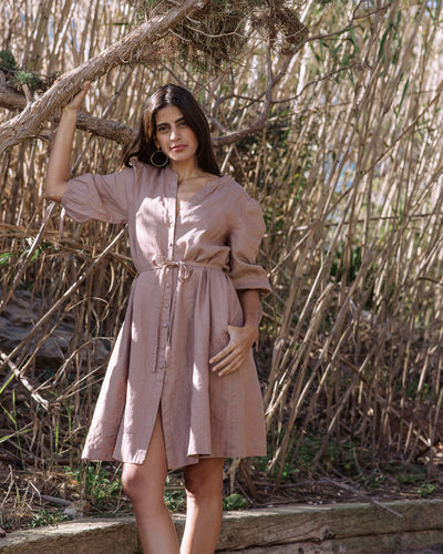 Puff Sleeve Linen Dress VILNIUS in Pastel brown | MagicLinen modelBoxOn2