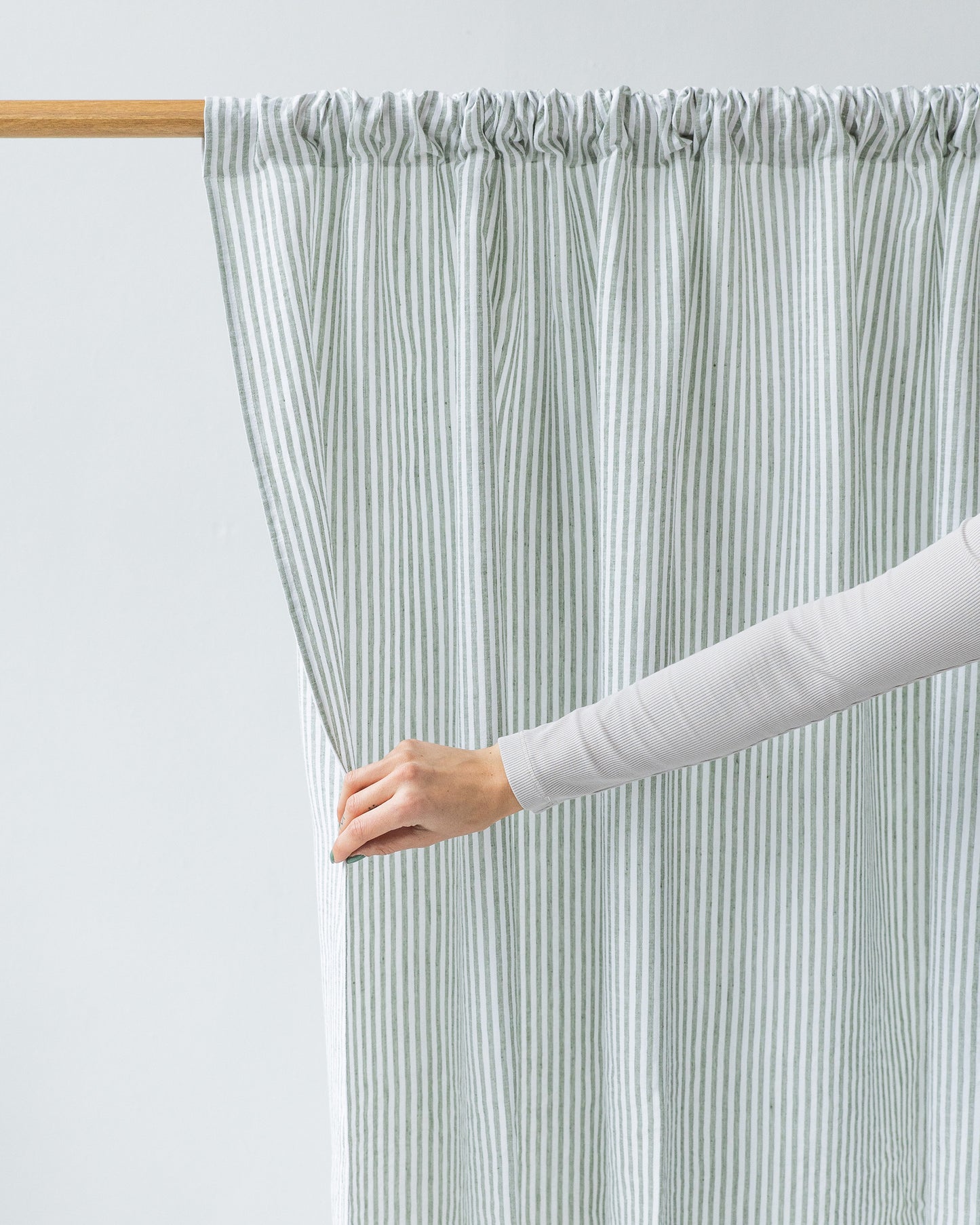Rod Pocket Linen Curtain Panel in Striped in Forest Green | MagicLinen
