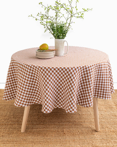 Round linen tablecloth in Cinnamon gingham - MagicLinen