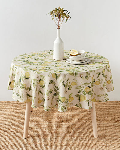 Round linen tablecloth in Citrus garden print on natural | MagicLinen