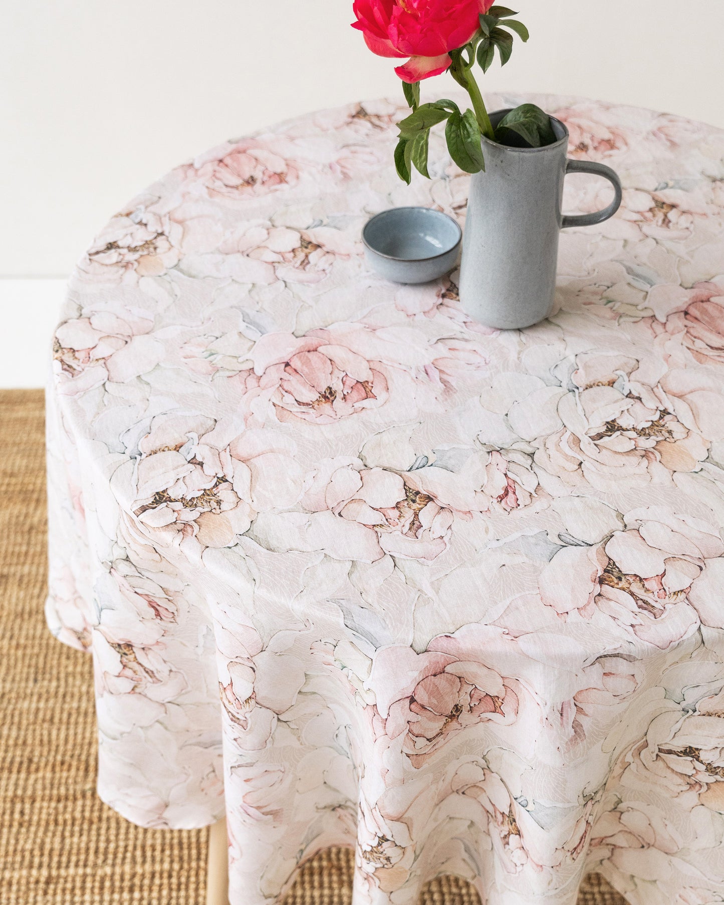 Round Linen Tablecloth in Pastel peonies Print | MagicLinen