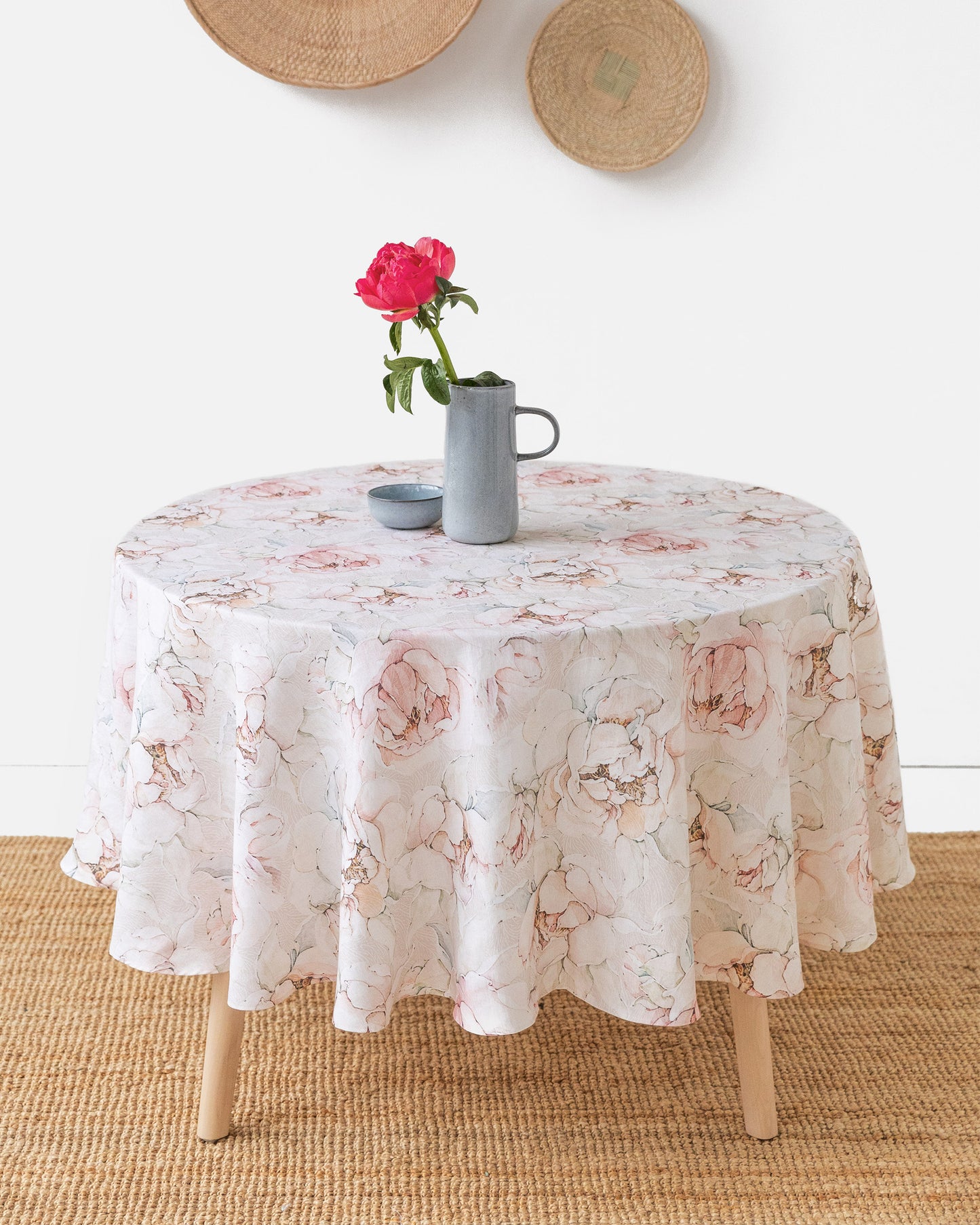 Round Linen Tablecloth in Pastel peonies Print | MagicLinen