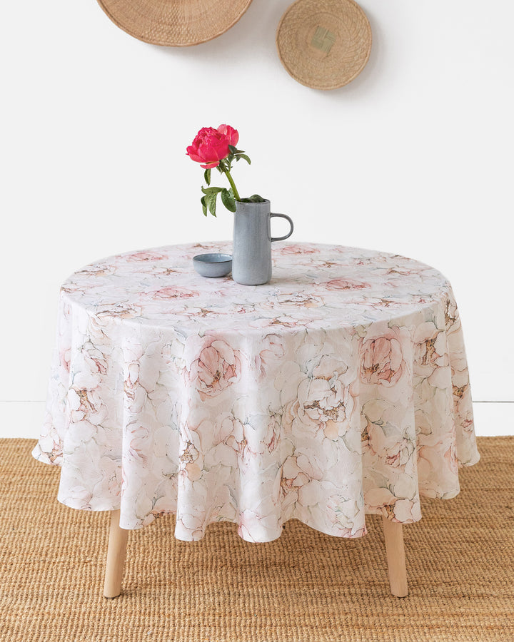 Round Linen Tablecloth in Pastel peonies Print | MagicLinen