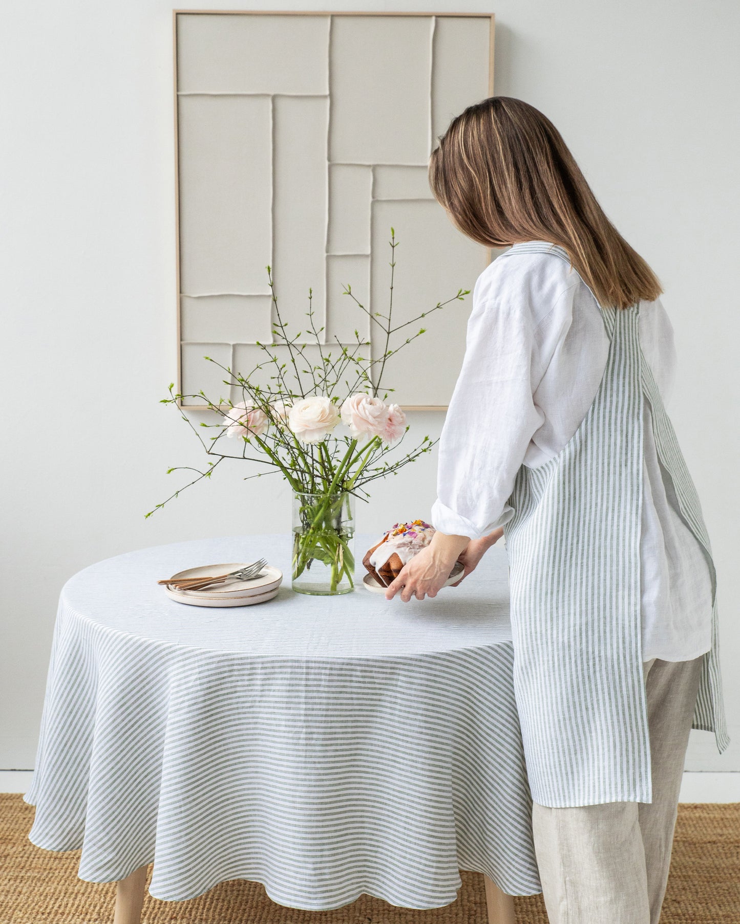 Round Linen Tablecloth in Striped in Forest Green | MagicLinen