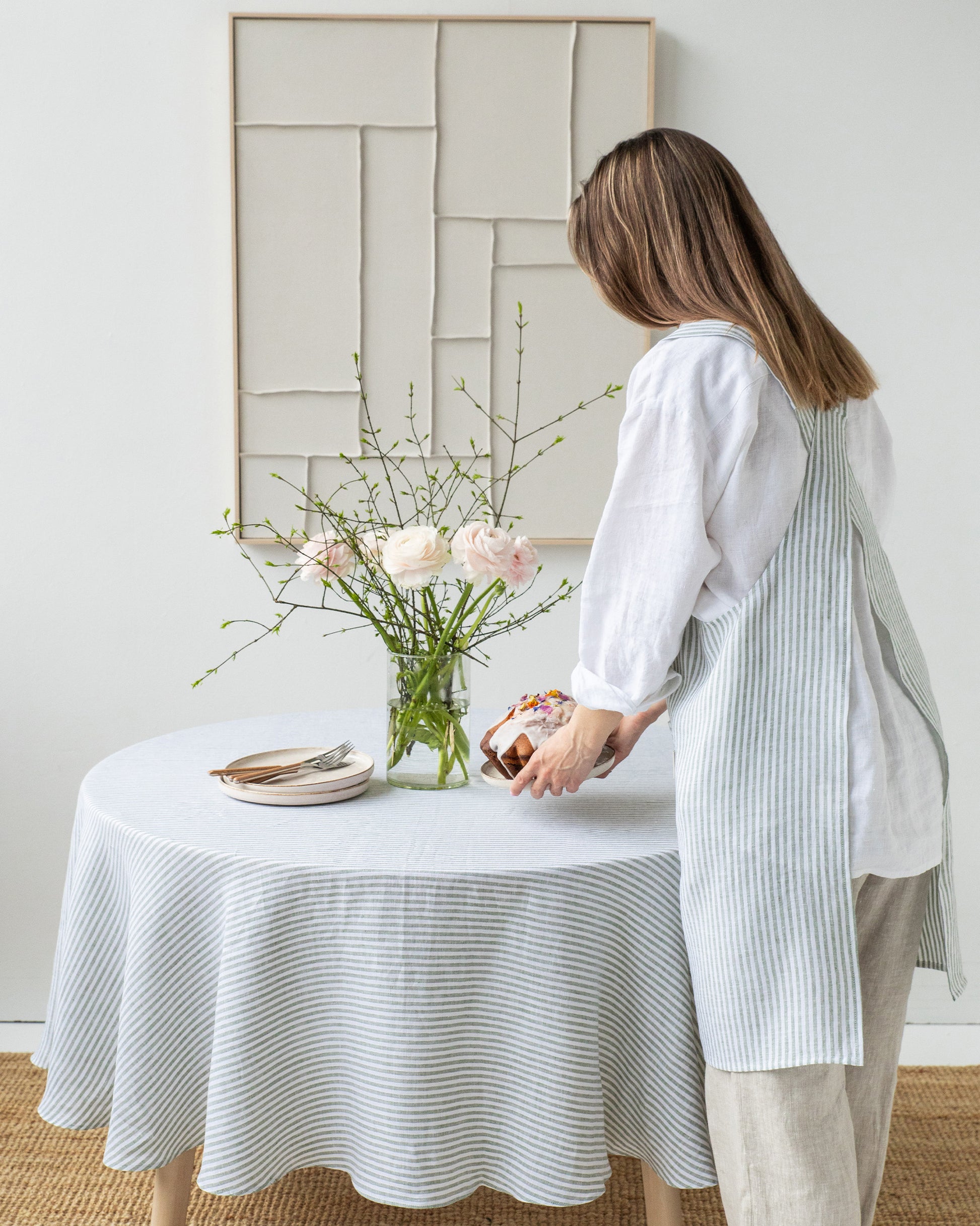 Round Linen Tablecloth in Striped in Forest Green | MagicLinen