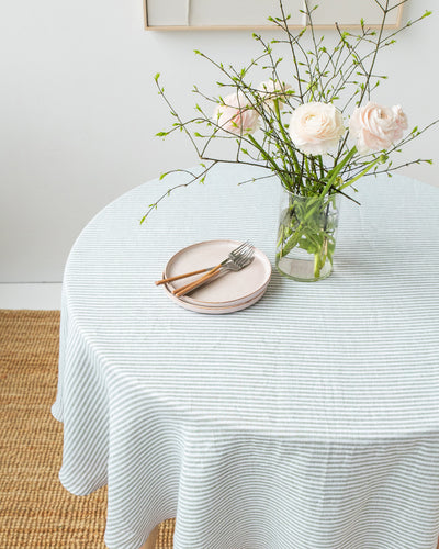 Round Linen Tablecloth in Striped in Forest Green | MagicLinen