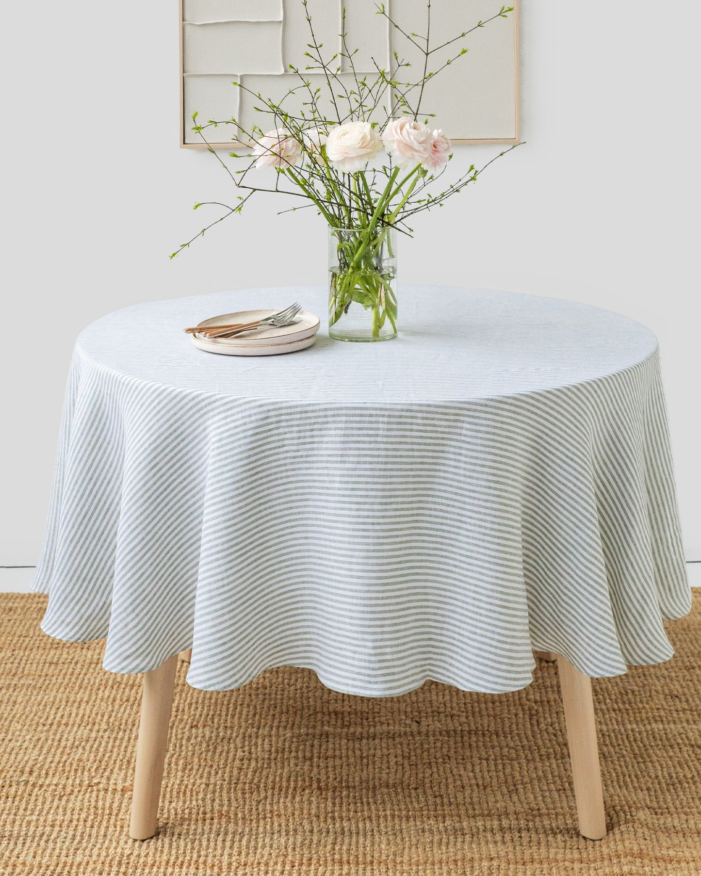 Round Linen Tablecloth in Striped in Forest Green | MagicLinen