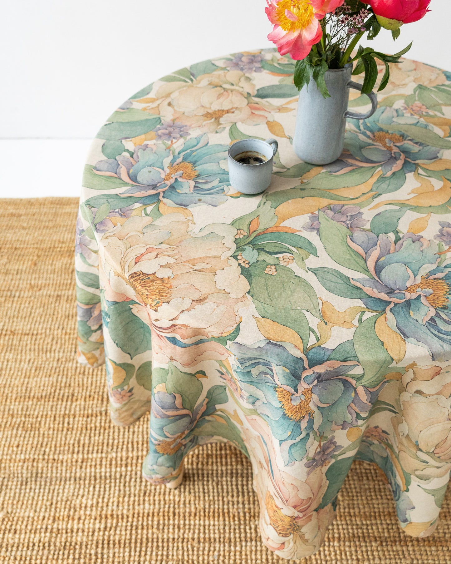 Round Linen Tablecloth in Vibrant peonies natural | MagicLinen